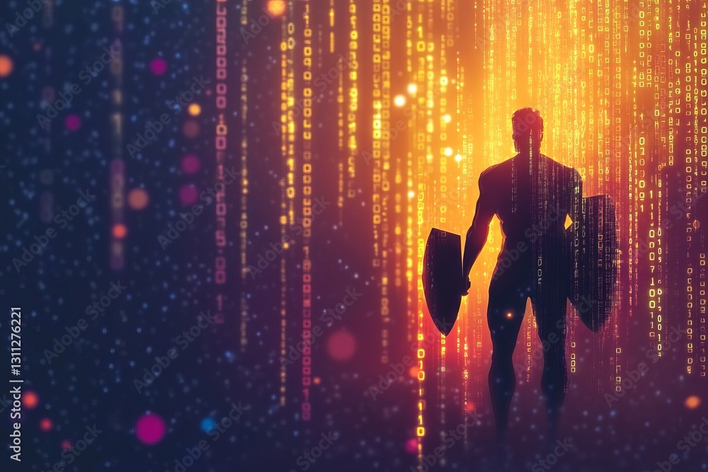 Aufkleber silhouette of a warrior against a backdrop of binary code