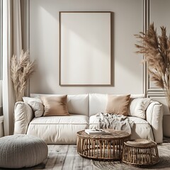 A modern living room with an empty poster frame on the wall, featuring a cozy style, warm color palette, simple furniture and decor, minimalist design, neutral colors, soft lighting, 