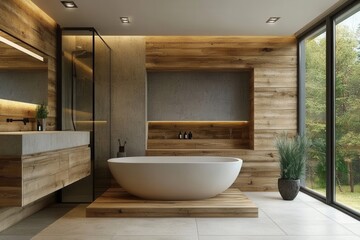 Modern bathroom with wooden accents and a freestanding tub. Illustrates luxurious, minimalist bathroom design for home decor websites.