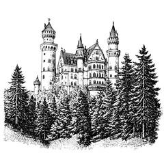 Majestic castle surrounded by lush forests captures timeless beauty and intricate architectural design