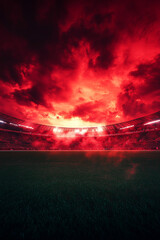 Red smoke and green grass in football or soccer stadion, background for sport commercials
