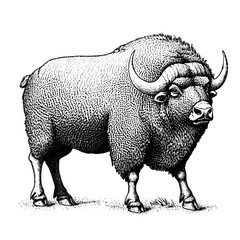 Engraved illustration of a majestic bison, showcasing detailed textures and intricate features, perfect for tattoo and packaging design