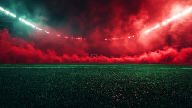 Red smoke and green grass in football or soccer stadion, background for sport commercials