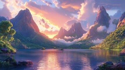 Serene sunset over a mountain lake.