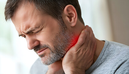 A man with a pained expression holds his neck, indicating discomfort or pain, possibly related to a neck or shoulder issue.