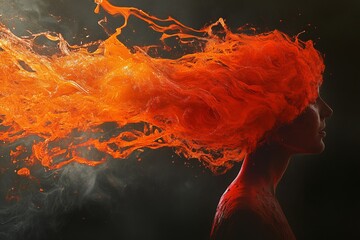 Creative Portrait of Fiery Hair and Flowing Colors in Motion