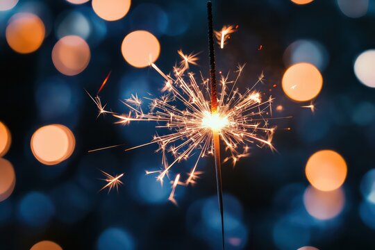 A New Yearâ€™s Eve celebration scene, a bright golden sparkler illuminating a dark blue festive background, soft-focus bokeh effects