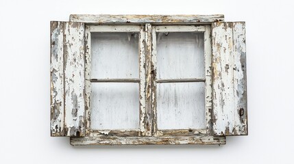 Rustic weathered white window with shutters.
