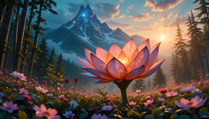 Glowing Lotus Blossom in Mountain Meadow at Sunset, Serene Landscape