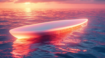 Futuristic glowing surfboard drifting on tranquil ocean waters at sunset, serene atmosphere