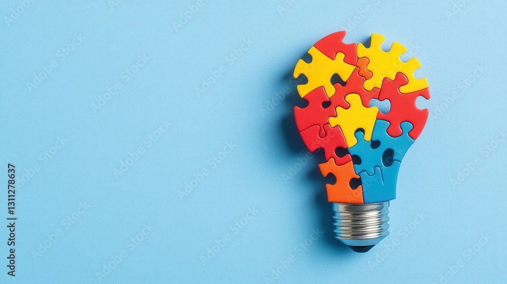 Poster a colorful light bulb composed of puzzle pieces, illustrating the concept of problem-solving.