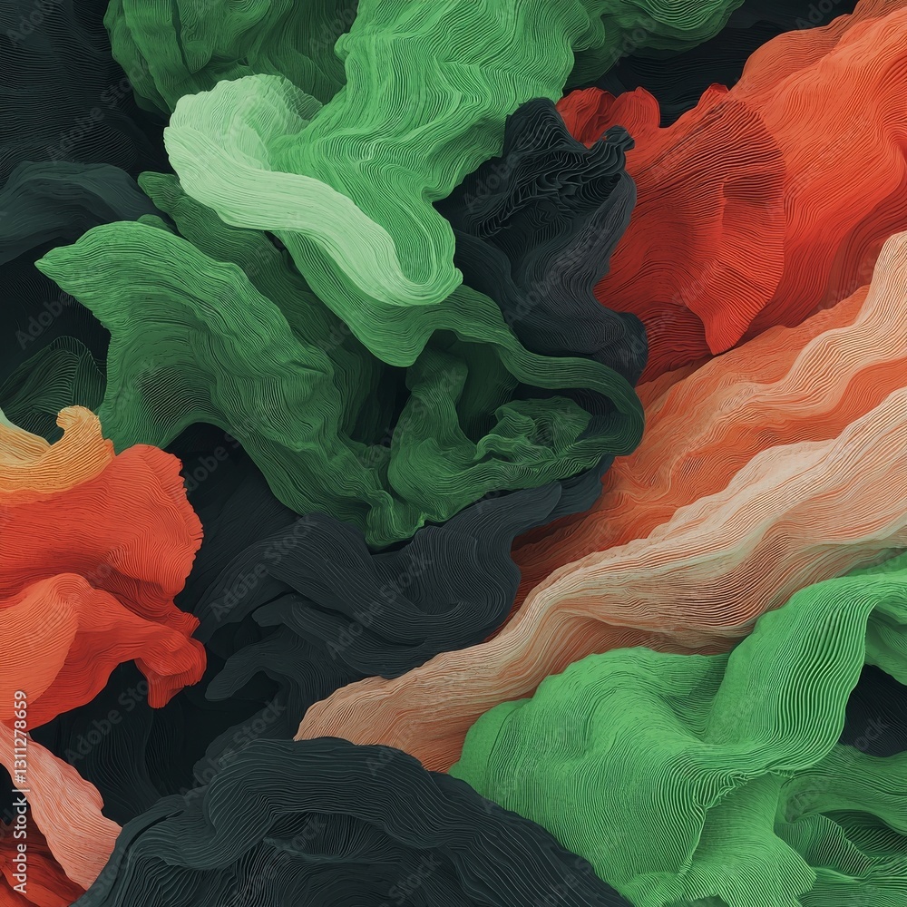 Poster a twisted shape in shades of green and yellow, presented as a computer-generated abstract geometric 