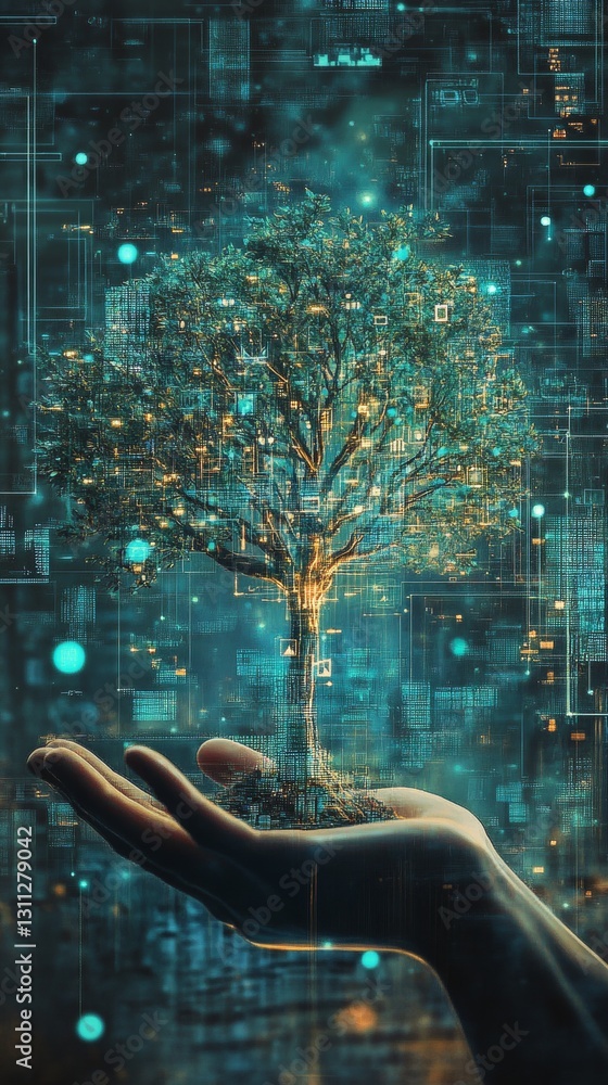 Poster digital tree representing growth and connection emerging from a hand surrounded by data patterns