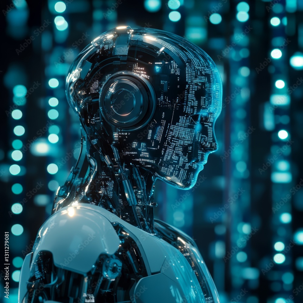 Poster futuristic robot with circuit patterns against a digital background
