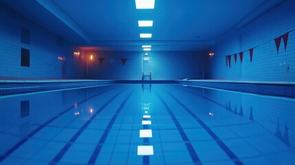 Empty swimming pool, illuminated, indoor, night, reflecting in the water, ready for competitions, leisure