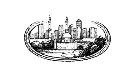 Obraz premium Engraved urban skyline design showcasing historical architecture and modern towers as a tattoo-inspired vector art piece