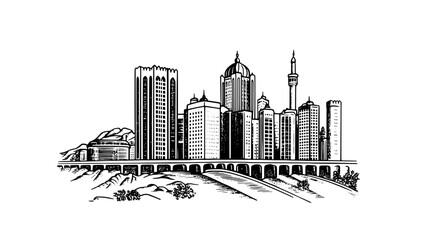 Obraz premium Engraved illustration of a skyline featuring towering buildings and architectural details in a creative packaging design style