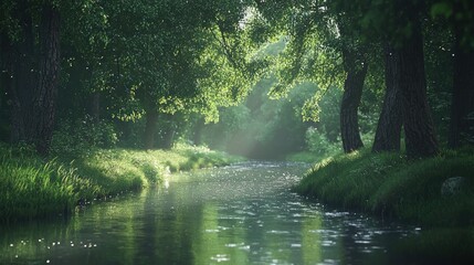 Fototapeta premium Sunlit stream flows through lush green forest.