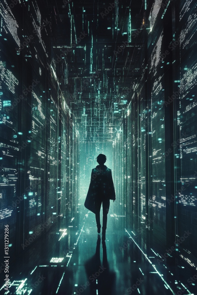 Aufkleber silhouette of a figure in a futuristic digital environment with glowing light and patterns
