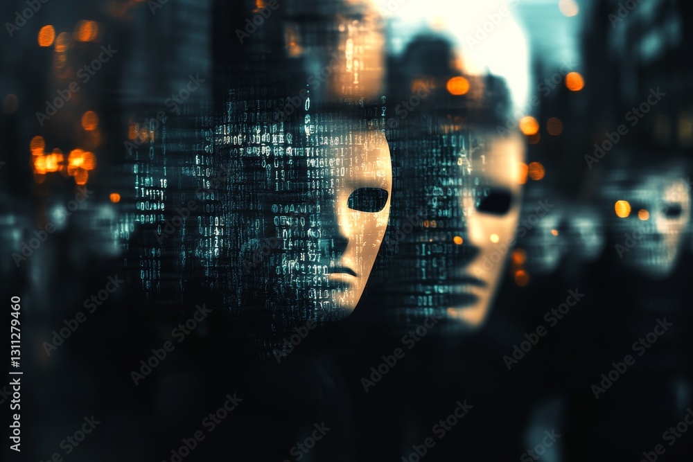 Poster abstract representation of identity with masks and digital code