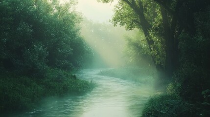 Misty river flowing through lush green forest.