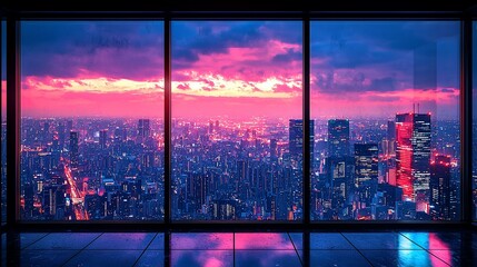 Vibrant city skyline at dusk viewed through a glass window, showcasing urban life and lights