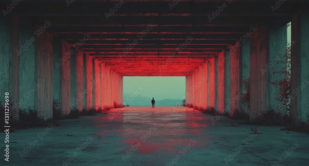 Poster a 3d rendered image depicts the corridor of an abstract triangular spaceship, characterized by a fut
