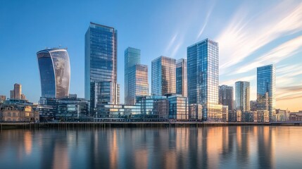 Obraz premium Cityscape, modern architecture reflected in calm water at sunrise.