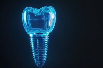 Dental implant 3d low poly geometric model. Dentistry innovation future technology titan metal thread. Medical healthy science blue polygonal point line illustration