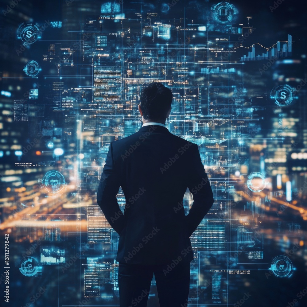 Poster a man in a suit stands in front of a cityscape with a computer screen behind him