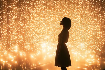 Silhouette of Woman Against a Backdrop of Twinkling Lights