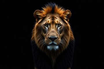 Obraz premium Lone male lion, stark black backdrop, intense gaze, background, focus, powerful