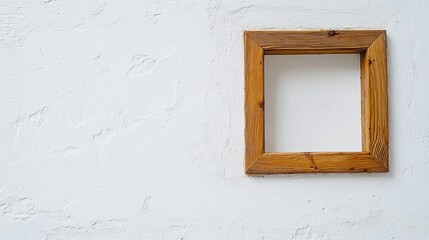 Rustic wooden frame on white textured wall.
