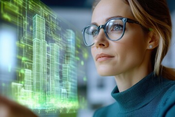 Woman With Glasses Reviews Green Digital Skyscrapers.