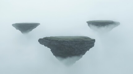 A surreal dreamlike landscape with floating islands and misty clouds