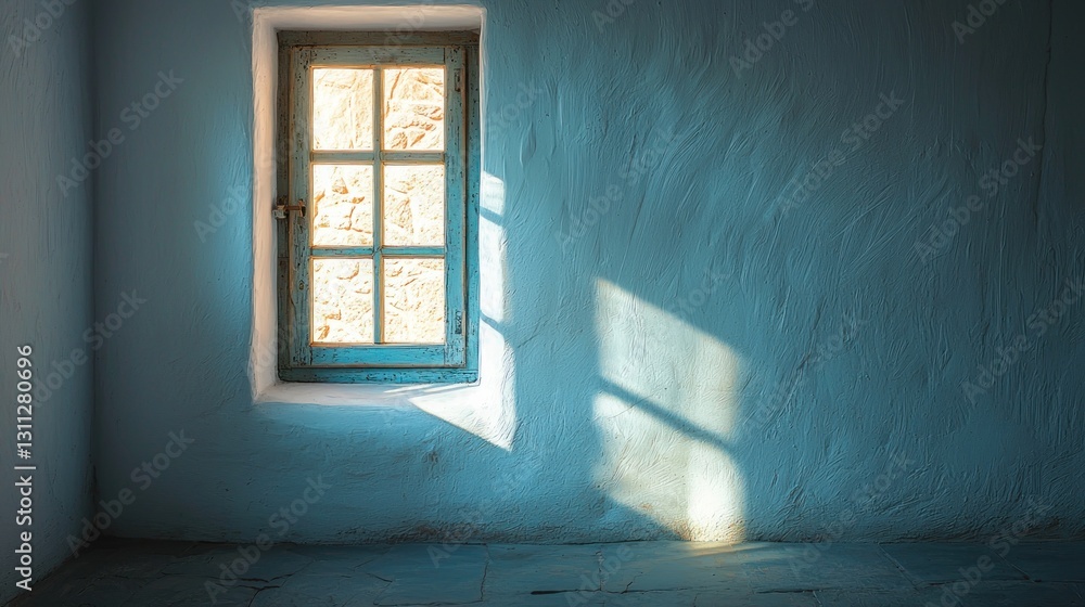 Poster sunlight streams through a rustic window in a blue-walled room.