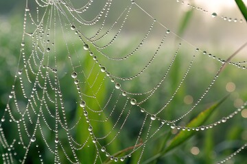 Dew-Covered Spiderweb in Grass