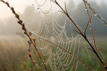Dew-Covered Spiderweb in Foggy Field
