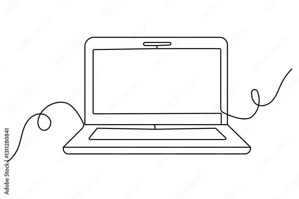 Poster continuous line drawing representing a modern laptop computer on black and white background