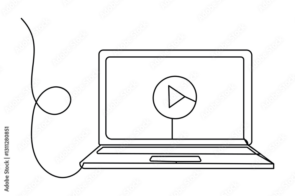 Poster continuous line drawing representing a modern laptop computer on black and white background
