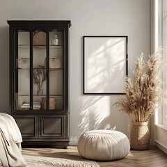 A photo of a large black frame mockup on the wall in an elegant and modern bedroom, featuring glass shelves with inside, white walls, wooden floorboards,