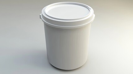 White paint bucket with lid standing on a plain gray background