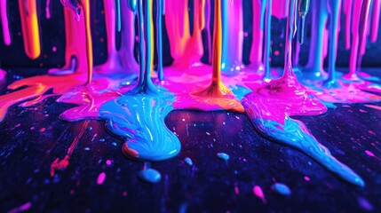 Naklejka premium Colorful neon paint drips cascading down a textured surface elegantly