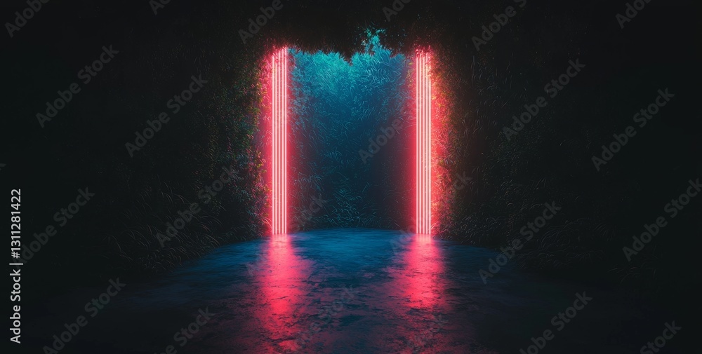 Poster an empty stage is juxtaposed with blue neon and an abstract blue background, while searchlights emit