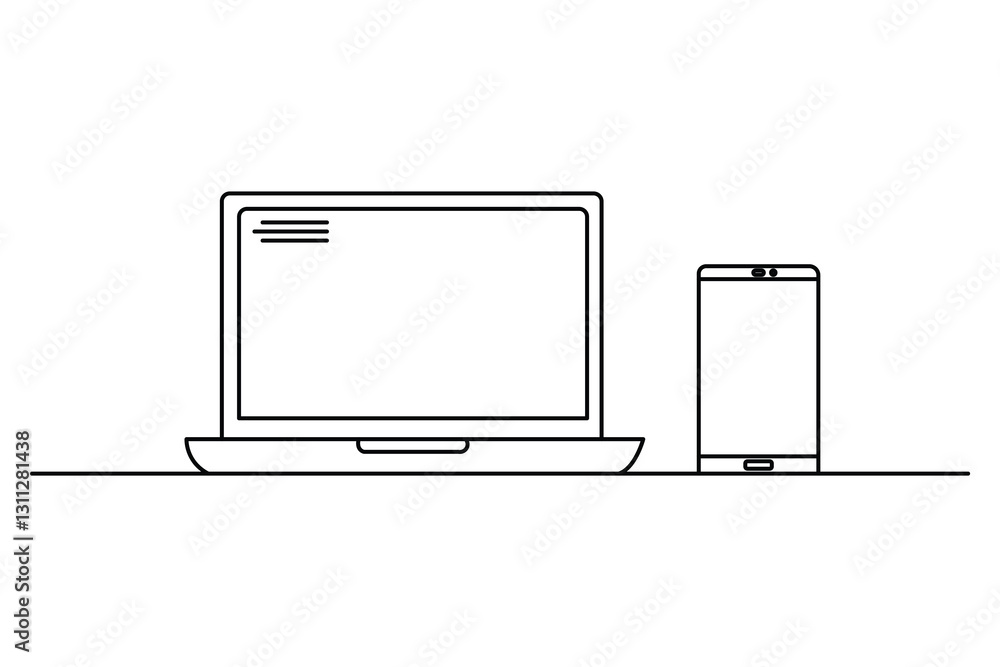 Poster continuous line drawing representing a modern laptop computer on black and white background