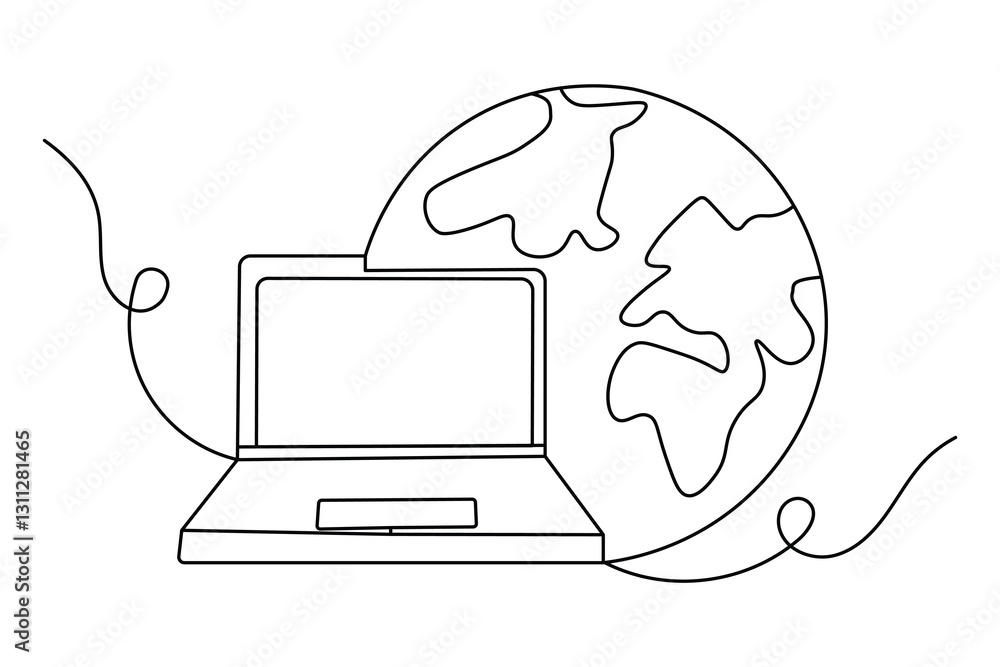 Poster continuous line drawing representing a modern laptop computer on black and white background