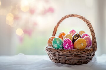 A perfectly arranged Easter basket with glossy, multicolored eggs, detailed textures, crisp lighting, and a minimalistic white setting