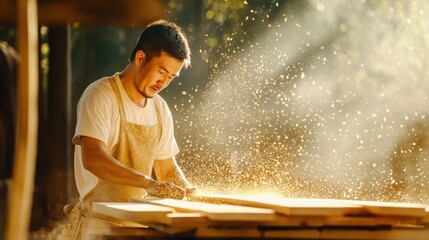 Young Craftsman Focused On Woodworking In Sunlight
