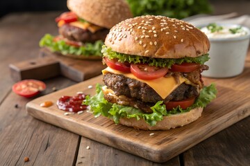 Sizzling Flavor: Tasty Burger with Crispy French Fries and Flames
