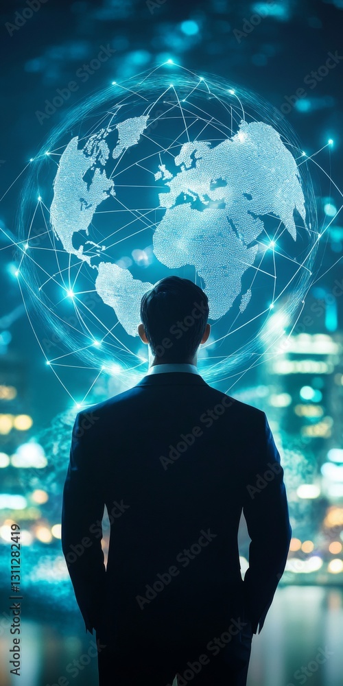 Poster a man in a suit stands in front of a globe with a city in the background